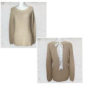 Soft Surroundings Tan Knitted Ribbon Bow Tie Back Crew Coquette Sweater Size S